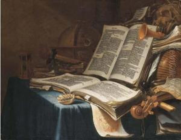 A Vanitas Still Life With A Globe, A Hourglass, A Rose, A Skull,musical Instruments, Papers And Books On A Draped Table - view 1