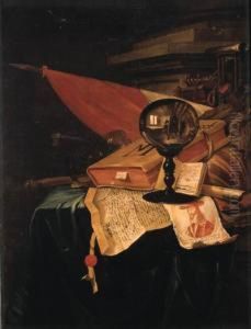 A Vanitas Still Life With The Artist At His Easel Reflected In Acrystal Ball, And With A Book, A Lute, A Flag, A Chipped Roemer, Aflute, A Baton, An Hourglass, An Open Book Showing A View Ofantwerp, A Portrait Engraving Of King Charles I, And A Charter Wi by Vincent Laurentsz. van der Vinne I