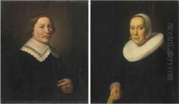Portrait Of A Gentleman, Half-length, In Black With A White Collar;and Portrait Of A Lady, Half-length, In Black With A White Collarand Bonnet - view 1