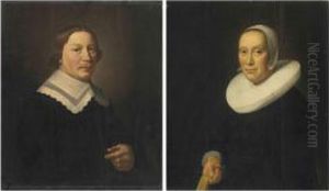 Portrait Of A Gentleman, Half-length, In Black With A White Collar;and Portrait Of A Lady, Half-length, In Black With A White Collarand Bonnet by Hendrick Van Vliet