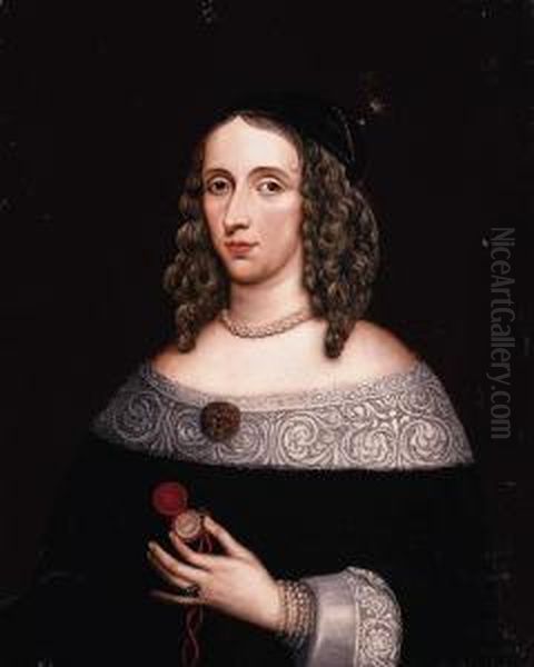 Portrait Of A Lady, Half-length, In A Black Dress With White Lace Trim, Holding A Pocket Watch In Her Left Hand - view 1