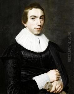 Portrait Of A Gentleman, Aged 18, Half-length,in A Black Tunic With A White Lace Ruff And Cuffs, Holding A Pairof Gloves