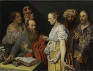 A Scholar In His Study With Figures With Masks by Willem van der Vliet
