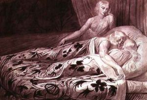 Har and Heva sleeping, with Mnetha looking on, one of twelve illustrations from 'Tiriel', c.1789 by William Blake