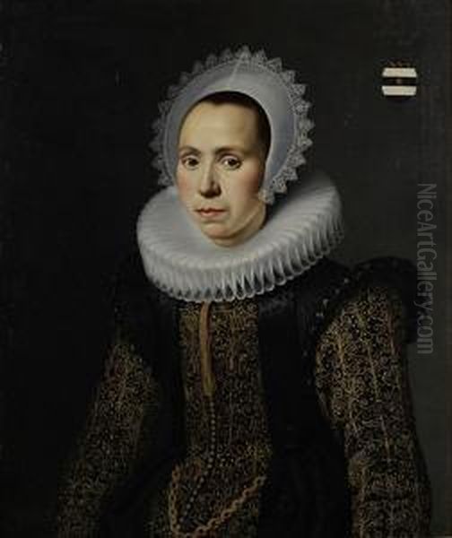 Portrait Of A Young Lady, A Member Of The Van Der Graeff Family, Most Probably Alida (1592-1673), Half-length, In A Black Silk Dress Embroidered With Gold And A White Lace Ruff And Headdress - view 1