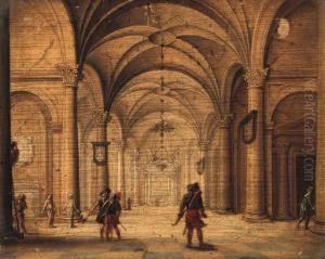 The Interior Of A Cathedral With Soldiers In The Foreground by Jan van Vucht