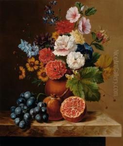 Flower Still Life Withpomegranates And Grapes by Jan Van Der Waarden