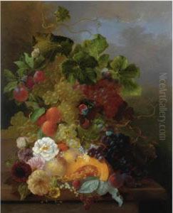 Still Life Of Fruit With Dahlias And Roses by Jan Van Der Waarden