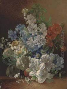 Narcissae, Pansies, Lillies And Other Summer Blooms In A Vase On Aledge by Jan Van Der Waarden