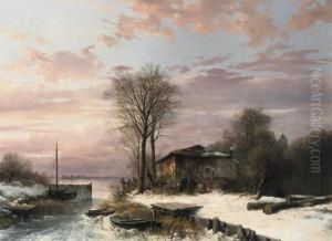 A Winter Landscape With Figures Near A House On The Frozenwaterfront