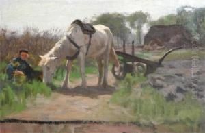 A Bullock Pulling A Cart And A Horse Resting After A Days Work by Hermann Johannes Van Der Weele