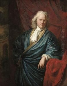 Portrait Of A Gentleman, Three-quarter-length, In A Blue Robebefore A Red Curtain, An Italianate Garden Beyond