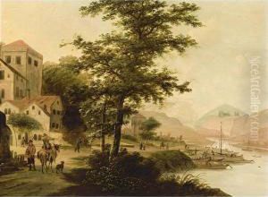 A River Landscape With Fishing Boats Unloading And Travellers On A Path Near A Village by Claesz Jansz Van Der Willigen