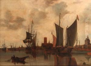 A View Of Rotterdam With Moored Sailing Vessels In The Harbour, Thelaurenskerk, Oude Hoofdpoort And Kruithuis Beyond by Claesz Jansz Van Der Willigen