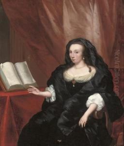 Portrait Of A Lady, Three-quarter-length, In A Black Dress Andwrap, An Open Book To Her Right by Thomas van der Wilt