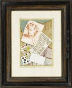 Trompe L'oeil Of A Red Chalk Drawing, Playing Cards And Music Arranged On A Map by Van Der Wits