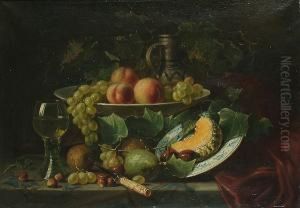 Still Life Of Fruit, Vines And Nuts With A Glass, And A Plate On A Table