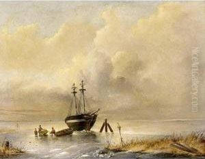 A Winter Landscape With Figures On A Frozen River by Willem Van Der Worp