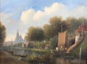 River Scene With Figures Alighting From A Boat And Another River Scene by Adam Van Der Woude