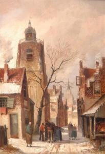 A Winter Street Scene With Horse Drawn Cart And Figures