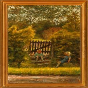 Twochildren At A Garden Gate by Caroline Van Deurs
