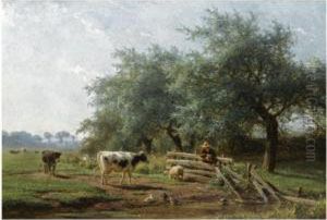 Cows In A Meadow by Jan Frederik Van Deventer