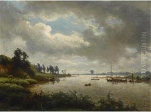 Boats On A River In Summer by Jan Frederik Van Deventer