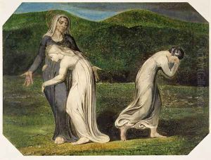 Naomi entreating Ruth and Orpah to return to the land of Moab, from a series of 12 known as 'The Large Colour Prints', 1795 by William Blake