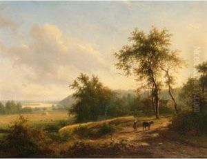 A Peasantwoman Leading A Cow On A Country Road by Jan Frederik Van Deventer