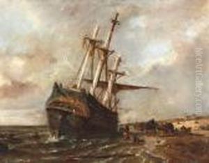 Gestrande Driemaster Op Het Strand by W.A. van Deventer