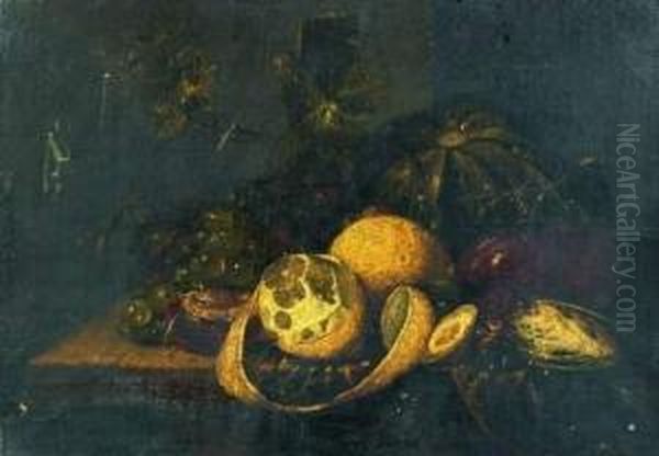 Nature Morte De Peche, Raisin, Pasteque Et Citron Sur Un Entablement - view 1
