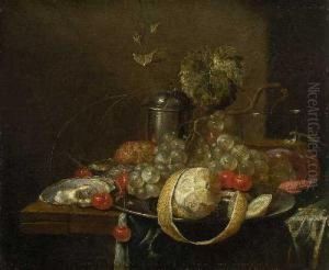 Stillleben Mit Fruchten, Austern Und Silbergefas. by Guilliam van Deynum