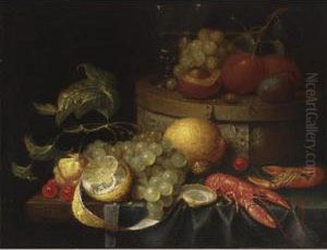 A Still Life With Crayfish, Grapes, Lemons, Cherries, Walnuts, A Box With A Berkemeier And Peaches, All On A Draped Table by Guilliam van Deynum