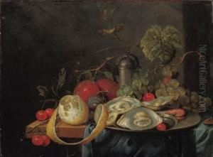 Oysters And A Prawn On A Pewter Plate, A Partly Peeled Lemon,plums, Grapes And Cherries On A Partly Draped Table