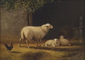 Ewe In A Stable With Her Twin Lambs by Joseph Van Dieghem