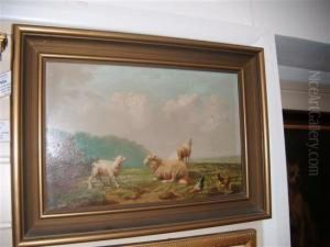 Sheep And Chickens In A Landscape by Joseph Van Dieghem