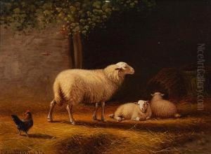 Sheep And A Goatin A Landscape by Joseph Van Dieghem