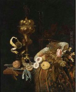 Still Life Of Fruits With A Roemer, A Gilt Goblet, A Wine-glass And A Pocket-watch, All On A Table