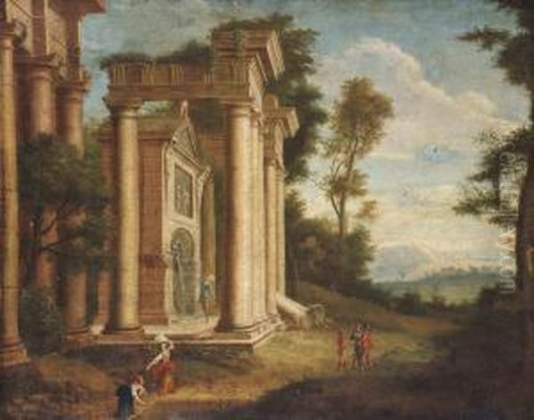 A Classical Italianate Landscape With Figures Before Ruins - view 1