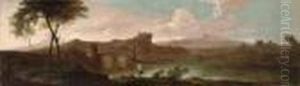 An Extensive River Landscape With Anglers On The Bank, A Group Of Boaters By An Arched Bridge, Buildings And A Mountain Range Beyond