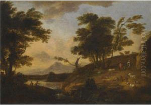 A Wooded River Landscape With Figures Fishing, Peasants, Animalsand Mountains Beyond - view 1