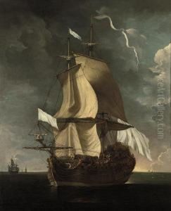 A French Man-o'war Heaving-to At Sea by Adriaen Van Diest