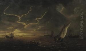 Shipping In Choppy Waters At Sunset by Jeronymus Van Diest