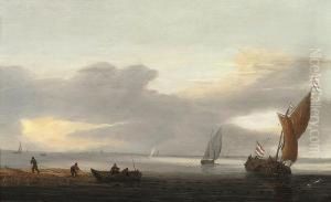 A Coastal Landscape With A Dutch Fishing Boat And Fishermen Drawingin Nets From A Rowing Boat by Hieronymous Van Diest