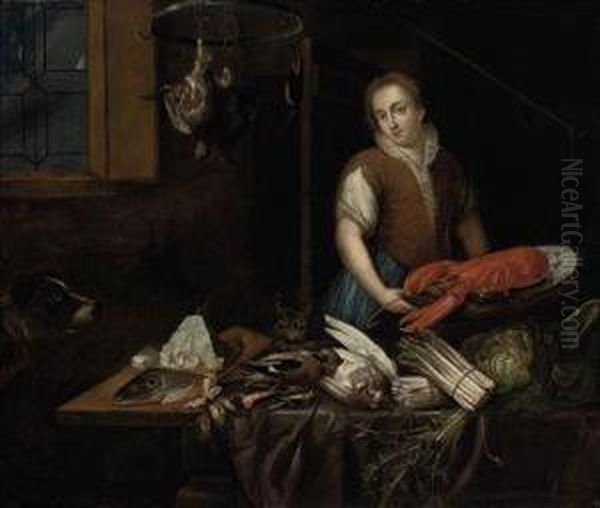 A Maid In A Kitchen Interior, A Lobster On A Platter, Dead Birds, Fish, Asparagus, A Dog And A Cat - view 1