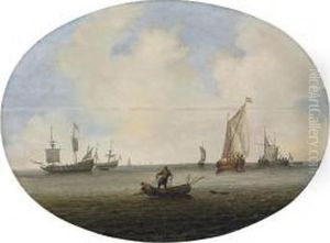 Shipping In A Calm Sea, With Fishermen Drawing In Their Nets, And Dutch Frigates And Other Vessels Beyond by Willem van Diest