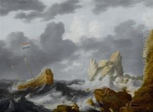Dutch Ships Before The Coast At A Town With A Church Tower by Willem van Diest