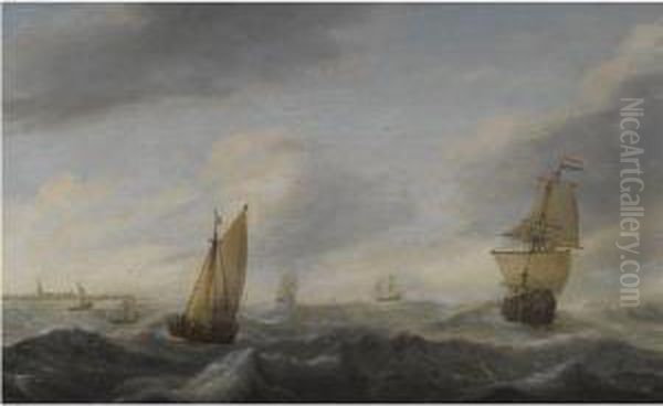 A Coastal Landscape With Dutch Shipping In A Stiff Breeze - view 1