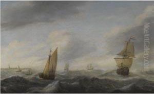 A Coastal Landscape With Dutch Shipping In A Stiff Breeze by Willem van Diest