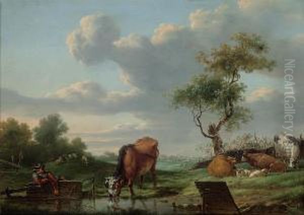 A Pastoral Landscape With A Herdsman At Rest By A Stream And His Cattle Watering - view 1